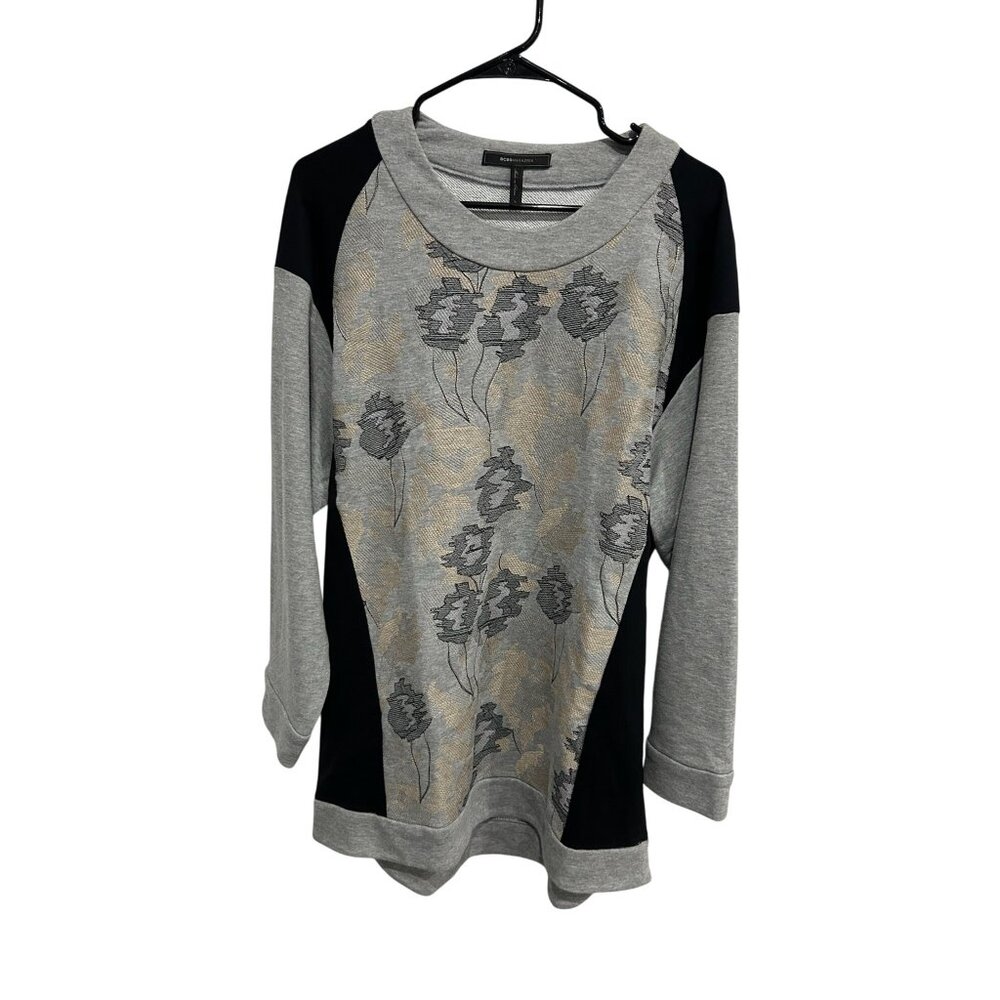 BCBG Maxazria Floral Embroidered Sweatshirt Gray Black Sz Large Relaxed Fit